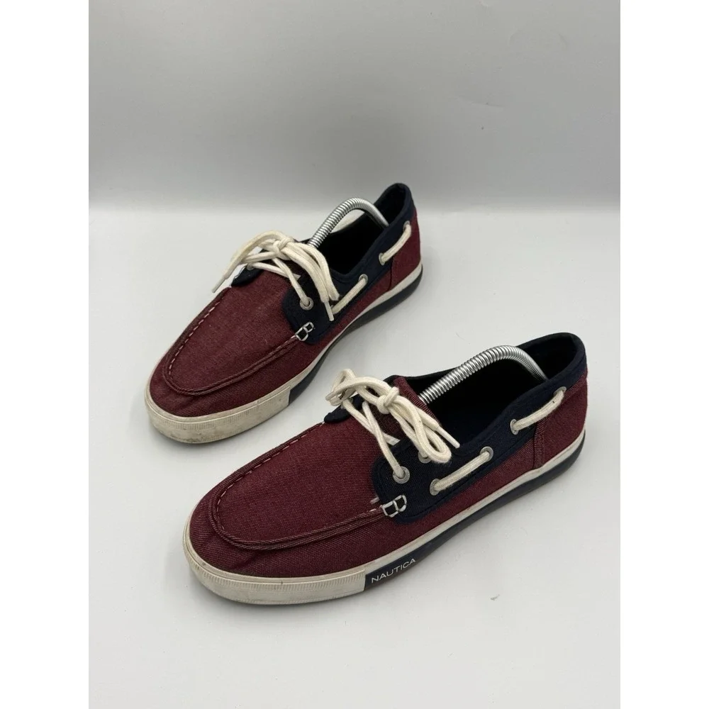 Nautica Spinnaker Casual 2-Eye Boat Sneakers Shoes Mens 9.5 Maroon Blue Lace Up